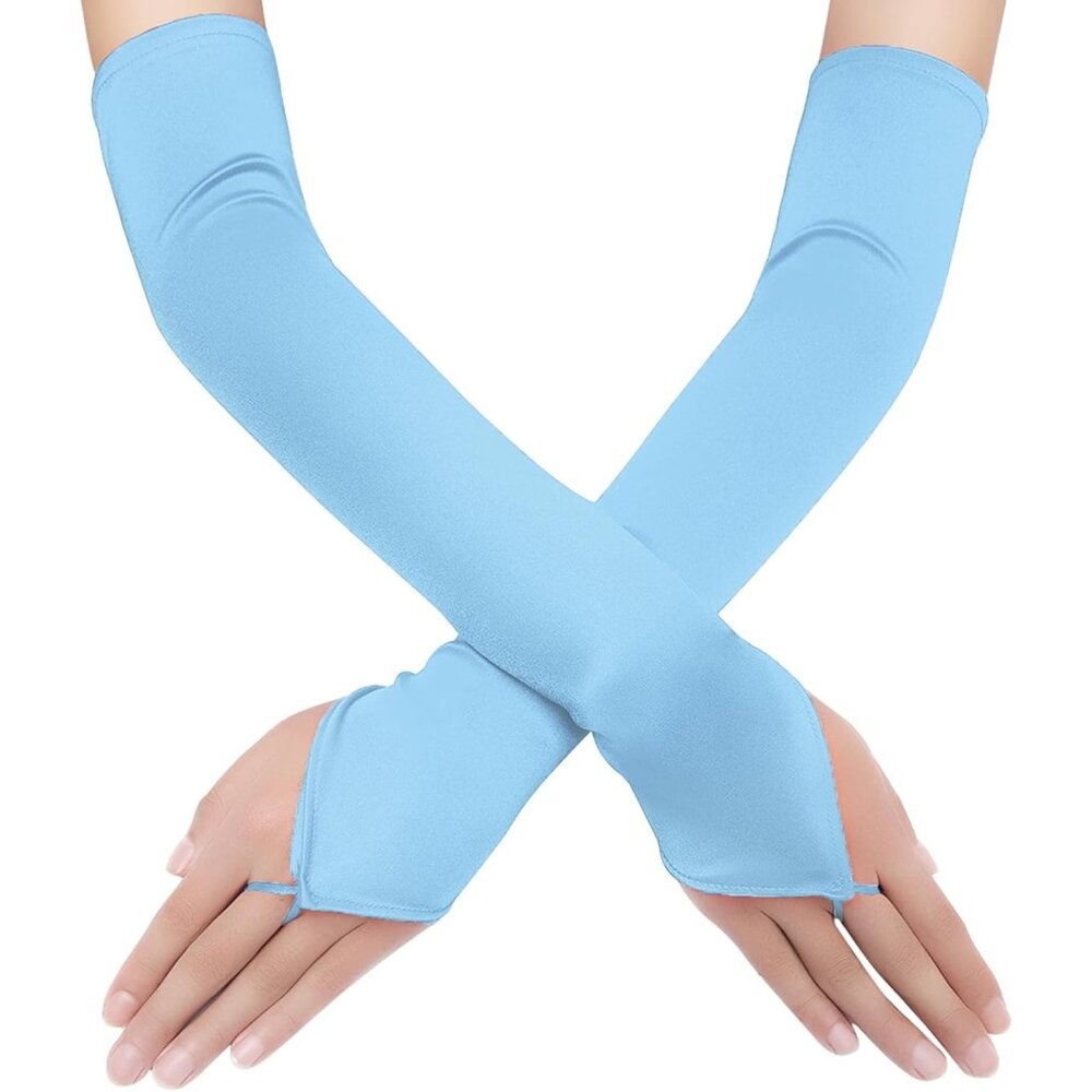 Women's Stretchy Baby Blue Finger Loop Satin Fabric Gloves Opera Party Prom